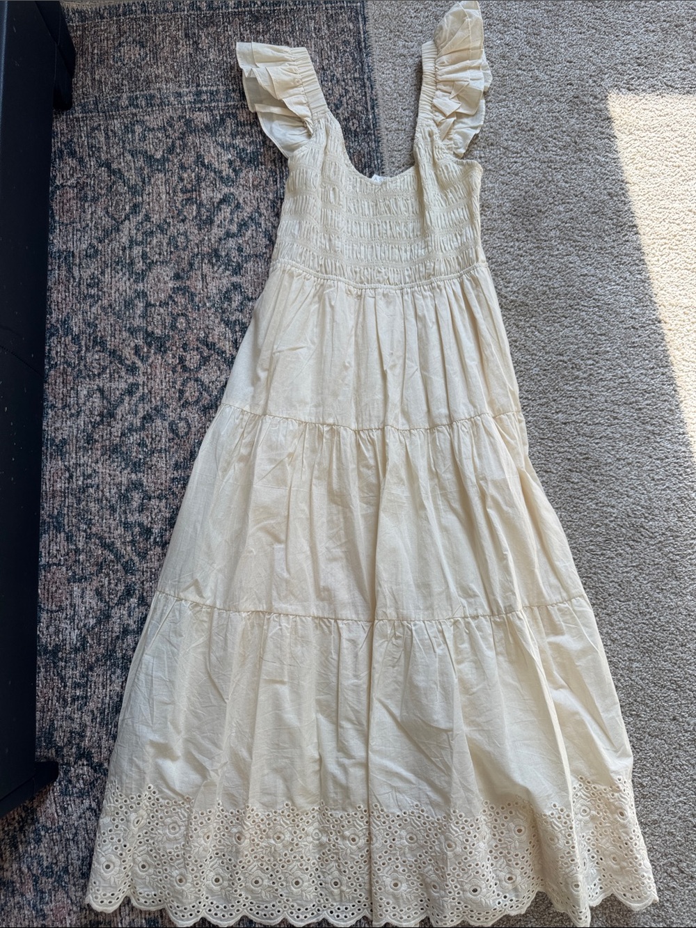 Astr Cream Smocked Tiered Maxi Dress